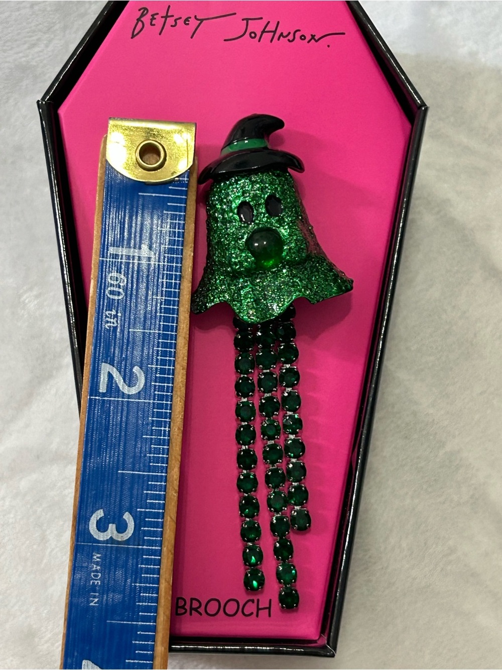 Betsey Johnson Green Glitter Ghost Rhinestone Dangle Brooch NWT - Picture 8 of 8